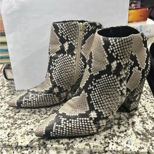 Nine West Snake-Print Pointed Toe Ankle Boots in Taupe and Black